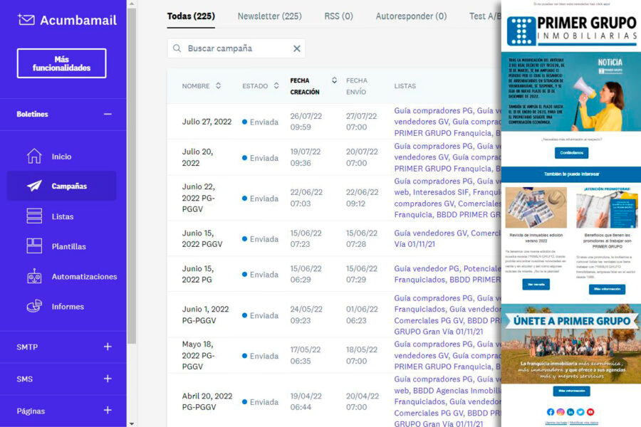 Diseño y envío de newsletters de los franquiciados de primer grupo inmobiliarias